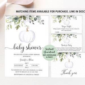 Może przedstawiać: Zestaw papeterii na baby shower z akwarelowym motywem dyni i zieleni. Zawiera zaproszenie, kartę loterii pieluszkowej, kartę książek dla dziecka i kartę z podziękowaniami. Zaproszenie zawiera szczeg&oacute;ły wydarzenia.