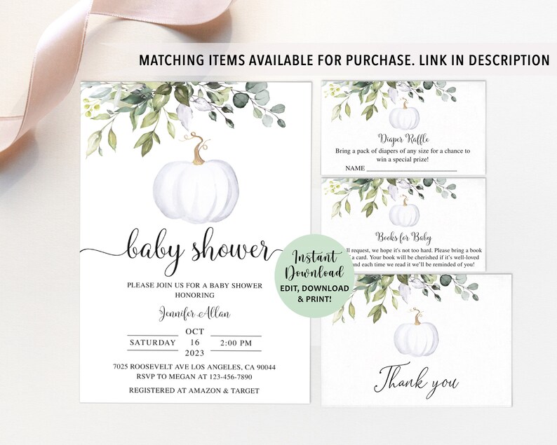 Może przedstawiać: Zestaw papeterii na baby shower z akwarelowym motywem dyni i zieleni. Zawiera zaproszenie, kartę loterii pieluszkowej, kartę książek dla dziecka i kartę z podziękowaniami. Zaproszenie zawiera szczeg&oacute;ły wydarzenia.