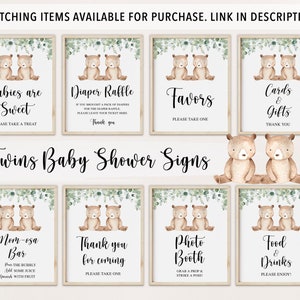 May include: Set of ten printable baby shower signs featuring watercolor illustrations of twin bears. The signs include titles like "Babies are Sweet", "Diaper Raffle", "Favors", "Cards & Gifts", "Mom-osa Bar", "Thank You for Coming", "Photo Booth", and "Food & Drinks".