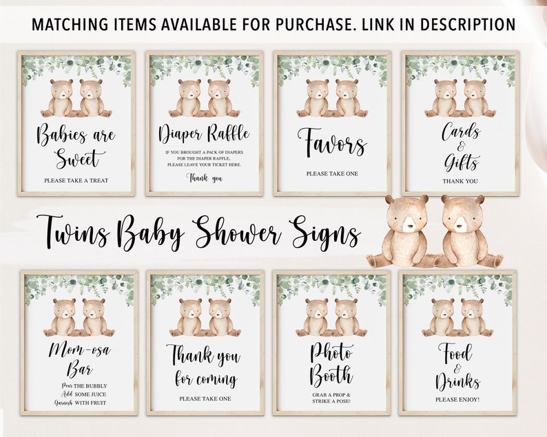 May include: Set of ten printable baby shower signs featuring watercolor illustrations of twin bears. The signs include titles like "Babies are Sweet", "Diaper Raffle", "Favors", "Cards & Gifts", "Mom-osa Bar", "Thank You for Coming", "Photo Booth", and "Food & Drinks".