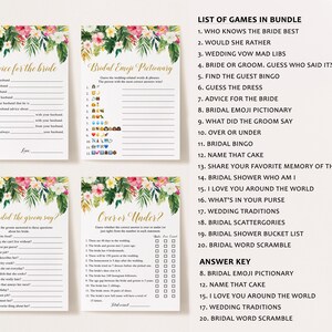Peut inclure: Un ensemble de jeux de douche nuptiale imprimables sur le th&egrave;me tropical. Les jeux comprennent "Conseils pour la mari&eacute;e", "Pictionary des emojis de mariage", "Ce que le mari&eacute; a dit ?", "Plus ou moins", et une liste des jeux inclus dans le lot. Les jeux sont imprim&eacute;s sur du papier blanc avec une bordure florale.