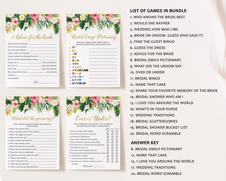 Peut inclure: Un ensemble de jeux de douche nuptiale imprimables sur le th&egrave;me tropical. Les jeux comprennent "Conseils pour la mari&eacute;e", "Pictionary des emojis de mariage", "Ce que le mari&eacute; a dit ?", "Plus ou moins", et une liste des jeux inclus dans le lot. Les jeux sont imprim&eacute;s sur du papier blanc avec une bordure florale.