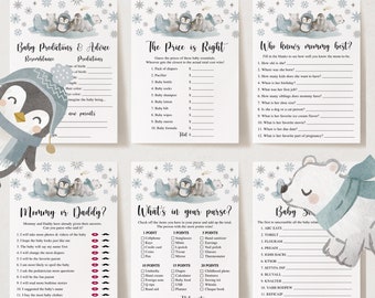 May include: Set of six baby shower game cards with a winter theme. Each card features illustrations of penguins and polar bears. Games include "Baby Predictions & Advice," "The Price is Right," and "Who Knows Mommy Best?"