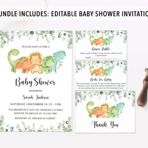 May include: Editable baby shower invitation with a watercolor illustration of dinosaurs and greenery. The invitation includes the text "Please join us for a Baby Shower honoring Sarah Jackson" and details for the event. There are also two additional cards for a diaper raffle and a books for baby request.