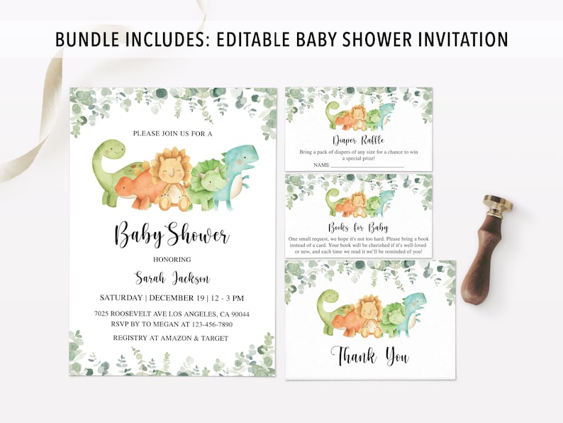 May include: Editable baby shower invitation with a watercolor illustration of dinosaurs and greenery. The invitation includes the text "Please join us for a Baby Shower honoring Sarah Jackson" and details for the event. There are also two additional cards for a diaper raffle and a books for baby request.