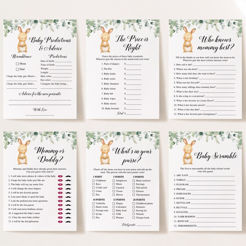 May include: Printable baby shower game cards featuring a cute bunny illustration. The games include "Baby Predictions & Advice", "The Price is Right", "Who Knows Mommy Best?", "Mommy or Daddy?", "What's in Your Purse?", and "Baby Scramble".