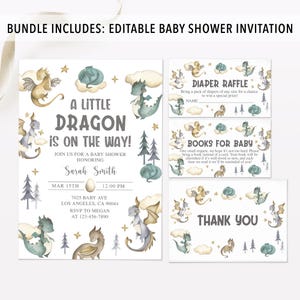 May include: A baby shower invitation with a dragon theme. The invitation features a watercolor illustration of a dragon with a light blue and gold color scheme. The text on the invitation reads "A Little Dragon is on the Way!" and includes details about the shower, such as the date, time, and location.