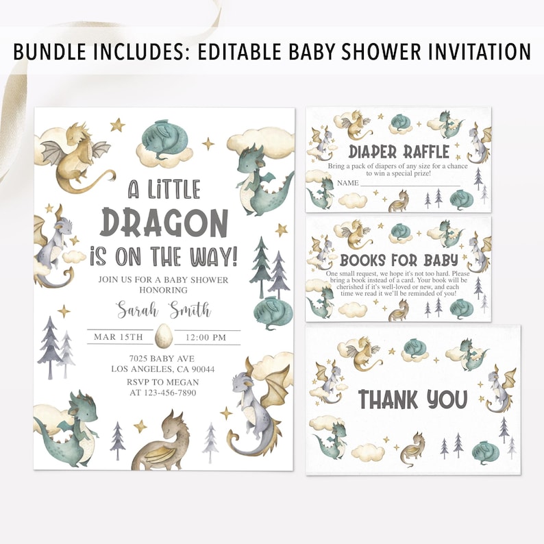 May include: A baby shower invitation with a dragon theme. The invitation features a watercolor illustration of a dragon with a light blue and gold color scheme. The text on the invitation reads "A Little Dragon is on the Way!" and includes details about the shower, such as the date, time, and location.