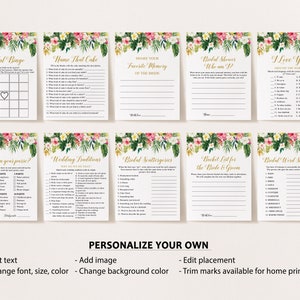 Peut inclure: Un ensemble de cartes de jeu de douche nuptiale imprimables avec des motifs floraux. Les cartes pr&eacute;sentent des jeux comme "Bridal Bingo", "Name That Cake", "Share Your Favorite Memory of the Bride", "Bridal Shower Who Am I?", "I Love You Around the World", "What's in Your Purse?", "Wedding Traditions", "Bridal Scattergories", "Bucket List for the Bride & Groom", et "Bridal Word Scramble".