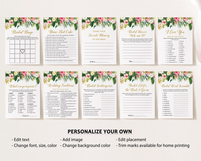 Peut inclure: Un ensemble de cartes de jeu de douche nuptiale imprimables avec des motifs floraux. Les cartes pr&eacute;sentent des jeux comme "Bridal Bingo", "Name That Cake", "Share Your Favorite Memory of the Bride", "Bridal Shower Who Am I?", "I Love You Around the World", "What's in Your Purse?", "Wedding Traditions", "Bridal Scattergories", "Bucket List for the Bride & Groom", et "Bridal Word Scramble".