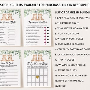 May include: A set of printable baby shower games featuring a woodland theme with illustrations of bears and greenery. The games include "The Price is Right", "Mommy or Daddy", "Find the Guest", and "Baby Shower Bingo".