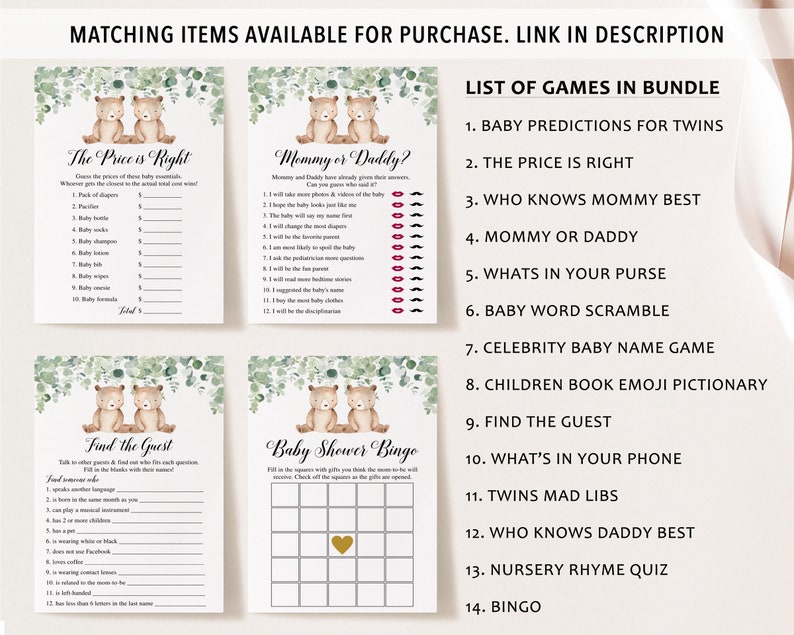May include: A set of printable baby shower games featuring a woodland theme with illustrations of bears and greenery. The games include "The Price is Right", "Mommy or Daddy", "Find the Guest", and "Baby Shower Bingo".
