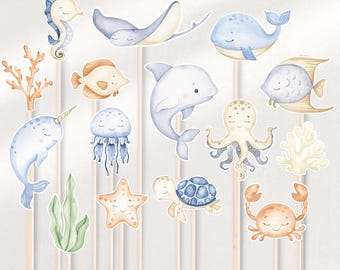 海中センターピース、海の動物センターピース、海のセンターピース、動物センターピース、海中ケーキトッパー、プールパーティー