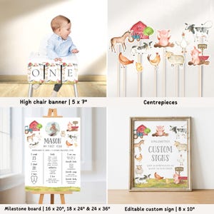 Pode incluir: Uma cole&ccedil;&atilde;o de decora&ccedil;&otilde;es para festas com tema de fazenda. Inclui uma faixa de cadeira alta, centros de mesa, um quadro de marcos e um sinal personalizado edit&aacute;vel. A faixa da cadeira alta diz "ONE".