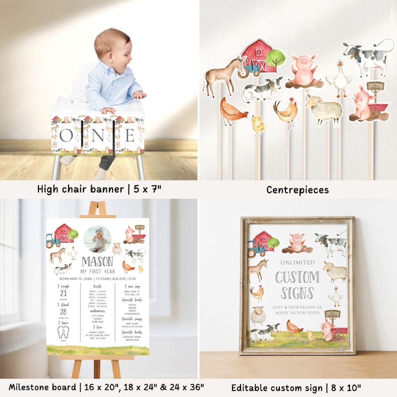 Pode incluir: Uma cole&ccedil;&atilde;o de decora&ccedil;&otilde;es para festas com tema de fazenda. Inclui uma faixa de cadeira alta, centros de mesa, um quadro de marcos e um sinal personalizado edit&aacute;vel. A faixa da cadeira alta diz "ONE".