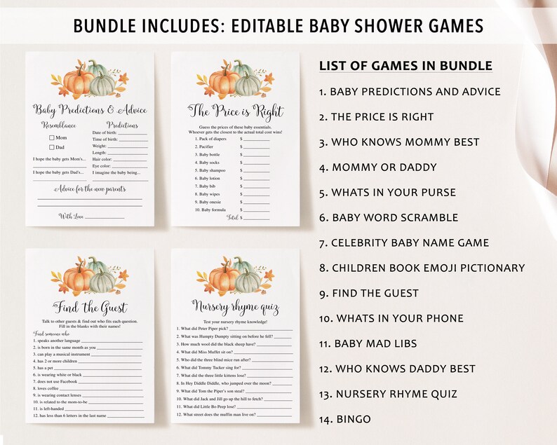 Pumpkin Baby Shower Bundle, Pumpkin Baby Shower, Pumpkin Baby Shower Invitation, Pumpkin Baby Shower Games, Fall Baby Shower image 3