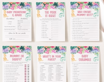 May include: A set of printable baby shower game cards featuring a pink, green, and blue dinosaur theme. The cards include games like "Baby Predictions & Advice", "The Price is Right", "Who Knows Mommy Best?", "Mommy or Daddy?", "What's in Your Purse?", and "Baby Scramble".