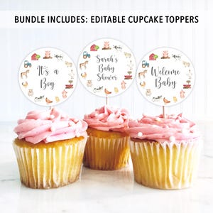 May include: Three round cupcake toppers with farm animal illustrations and text. The toppers say "It's a Boy", "Sarah's Baby Shower", and "Welcome Baby".