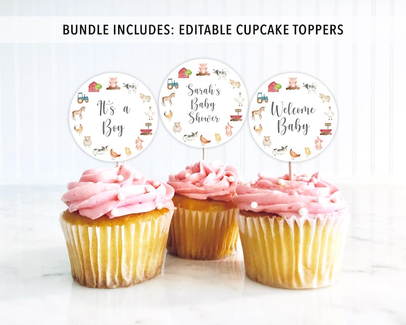 May include: Three round cupcake toppers with farm animal illustrations and text. The toppers say "It's a Boy", "Sarah's Baby Shower", and "Welcome Baby".