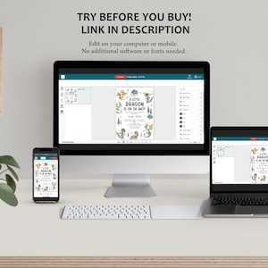 May include: A digital mockup showing a printable invitation for a baby shower. The invitation features a green, blue, and yellow illustration of a dragon with the text "A Little Dragon is on the Way". The invitation is displayed on a computer screen, laptop, and smartphone.