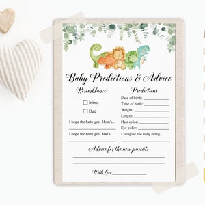 May include: A printable baby shower game card with a green, white, and brown background. The card features a cartoon illustration of dinosaurs and the text "Baby Predictions & Advice". The card includes sections for guests to predict the baby's resemblance, date of birth, time of birth, weight, length, hair color, eye color, and advice for the new parents.