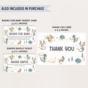 May include: A set of printable baby shower cards featuring a dragon theme. The cards include a "Books for Baby" insert card, a "Diaper Raffle Ticket" card, and a thank you card. The cards are decorated with watercolour illustrations of dragons, clouds, and stars.