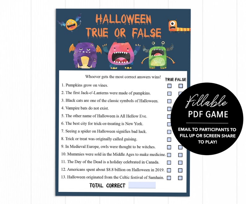 Halloween True Or False Halloween Trivia Quiz Virtual Etsy