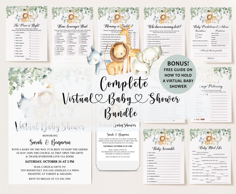 Virtual Baby Shower Full Bundle, Invitations and games