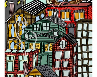 Könnte beinhalten: Eine farbenfrohe Illustration einer nächtlichen Skyline mit einem Halbmond und Sternen. Die Gebäude sind übereinander gestapelt und haben unterschiedliche Formen und Größen. Einige der Gebäude haben Fenster, Türen und Schornsteine. Ein Gebäude hat eine Uhr an der Vorderseite.