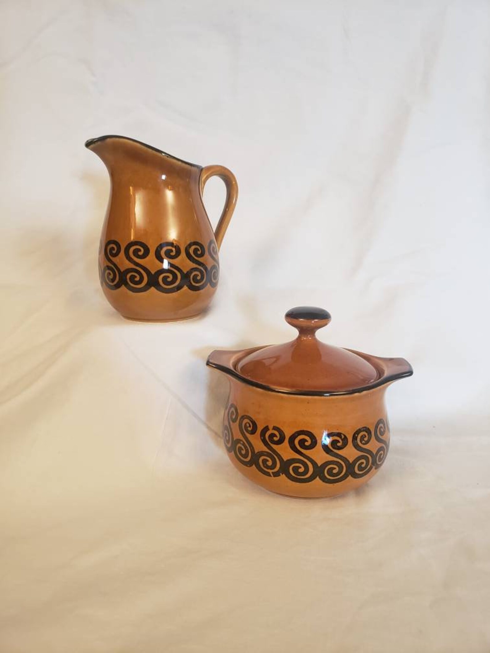 Brown Stoneware Creamer and sugar with lid and a black s Etsy