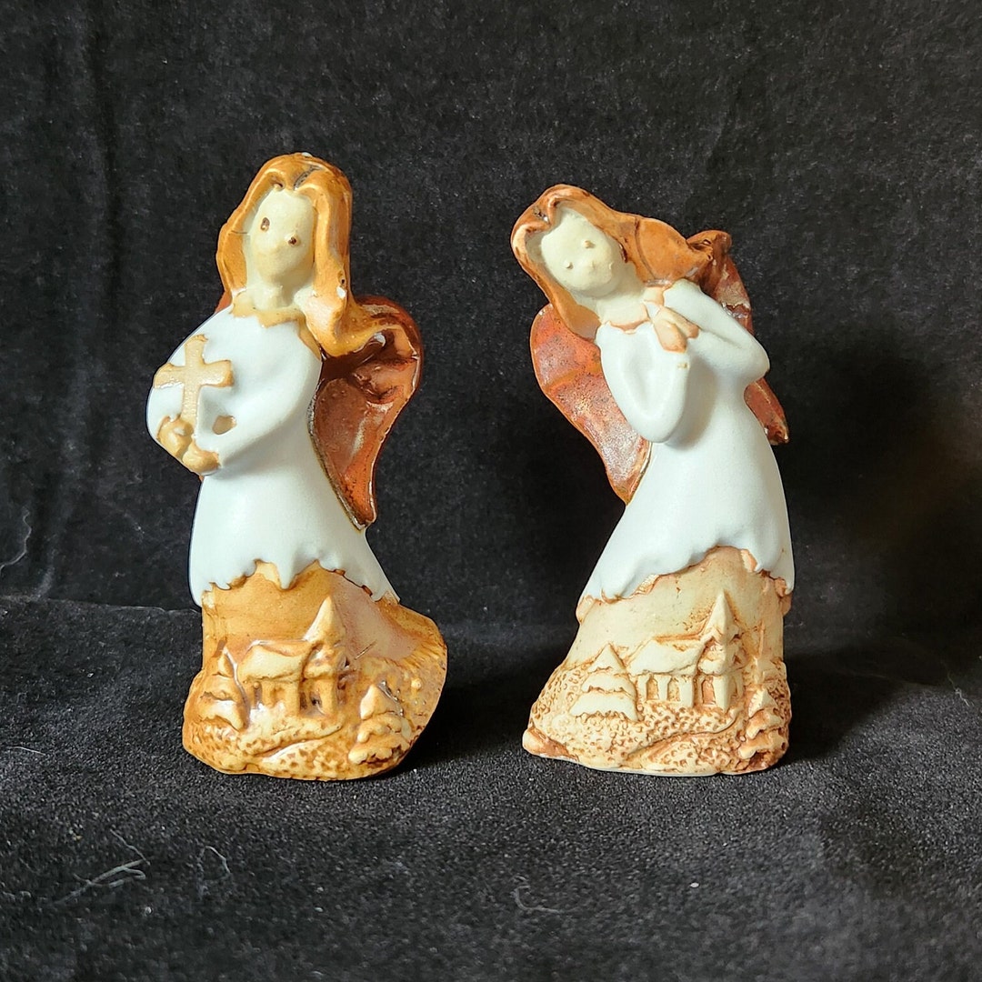 Two Small Angel Figurines With Towns Displayed on Robes BOXL Etsy