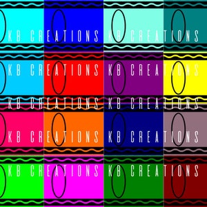 May include: A digital collage of 12 different colored squares with a black circle and the text "KB CREATIONS" in each square.