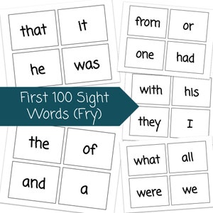 May include: Black and white flashcards with the first 100 sight words, also known as Fry's words, for early literacy learning. The words include "that", "it", "from", "or", "one", "had", "he", "was", "with", "his", "they", "I", "the", "of", "what", "all", "and", "a", "were", and "we".