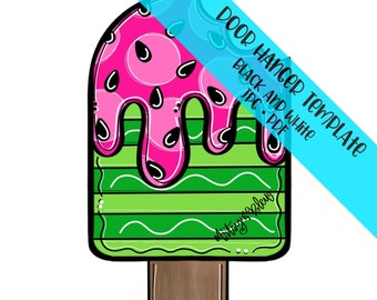 May include: A watermelon popsicle door hanger template in black and white. The template is designed to be printed on 11x17 inch paper.