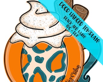 May include: A door hanger template featuring a pumpkin spice latte with whipped cream and a sprinkle of cinnamon. The pumpkin is orange with a teal and white leopard print design. The text "Door Hanger Template Black and White JPG - PDF" is visible in the image.
