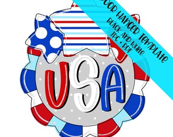 May include: A red, white, and blue USA door hanger template with two stars. The stars are decorated with white polka dots and red and white stripes. The template is for black and white JPG and PDF files.