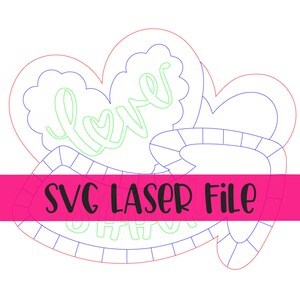 May include: SVG laser file design of two hearts with the word "love" in a green cursive font inside one of the hearts. The hearts are outlined in blue and red.