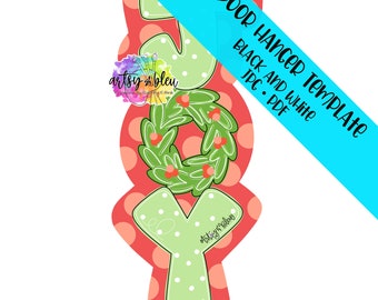 May include: A red and green door hanger template with the word "JOY" in a wreath design. The template is for a door hanger and is available in black and white.
