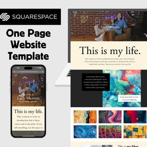 May include: A laptop computer displaying a website with a colorful abstract design and the text "This is my life." The website also features a photo of a woman sitting in a chair with a brick wall background. The text "Lacy Meriam" is displayed on the website.