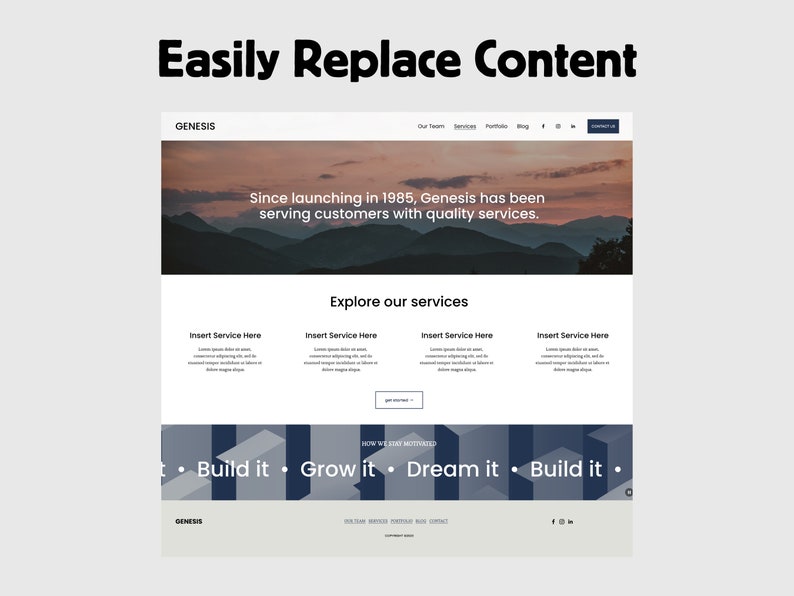 Pu&ograve; includere: Una homepage di un sito web per un'azienda chiamata Genesis. Il sito web presenta una grande immagine di una catena montuosa al tramonto. Il testo "Dal suo lancio nel 1985, Genesis ha servito i clienti con servizi di qualit&agrave;." &egrave; visualizzato sull'immagine. Il sito web presenta anche una sezione intitolata "Esplora i nostri servizi" con quattro caselle per inserire informazioni sui servizi. Il pi&egrave; di pagina del sito web include il testo "Costruiscilo, fallo crescere, sognalo, costruiscilo."