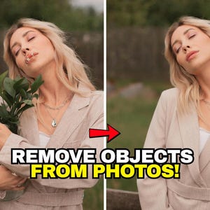 May include: Image showing a woman in a beige blazer with the text "REMOVE OBJECTS FROM PHOTOS!". The woman is wearing a necklace and rings. The image is split, with the left side showing the woman holding a plant and the right side showing the woman without the plant.