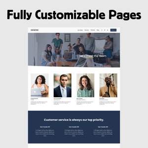 Pu&ograve; includere: Uno screenshot di un sito web che mostra un team di persone che lavorano insieme. Il sito web &egrave; per un'azienda chiamata Genesis. Il sito web ha una sezione chiamata "Incontriamo il team" e un'altra sezione chiamata "Il servizio clienti &egrave; sempre la nostra massima priorit&agrave;."