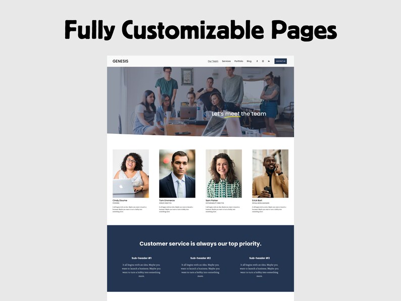 Pu&ograve; includere: Uno screenshot di un sito web che mostra un team di persone che lavorano insieme. Il sito web &egrave; per un'azienda chiamata Genesis. Il sito web ha una sezione chiamata "Incontriamo il team" e un'altra sezione chiamata "Il servizio clienti &egrave; sempre la nostra massima priorit&agrave;."