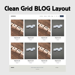 Pu&ograve; includere: Uno screenshot di un sito web che mostra un layout di blog a griglia pulito con la parola "BLOG" scritta in tessere bianche su una superficie di legno. Il sito web &egrave; intitolato "GENESIS" e ha una barra di navigazione con link a "Il nostro team", "Servizi", "Portfolio", "Blog", "Contattaci" e icone di social media.