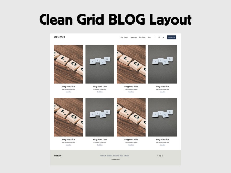 Pu&ograve; includere: Uno screenshot di un sito web che mostra un layout di blog a griglia pulito con la parola "BLOG" scritta in tessere bianche su una superficie di legno. Il sito web &egrave; intitolato "GENESIS" e ha una barra di navigazione con link a "Il nostro team", "Servizi", "Portfolio", "Blog", "Contattaci" e icone di social media.