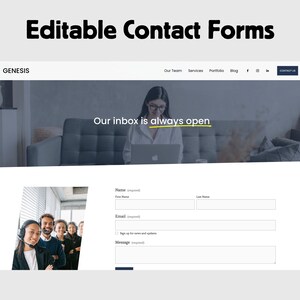 Pu&ograve; includere: Un modulo di contatto di un sito web con un titolo che recita "La nostra casella di posta &egrave; sempre aperta". Il modulo include campi per il nome, l'e-mail e il messaggio. Una foto di un team di assistenza clienti &egrave; visualizzata sul lato sinistro del modulo.