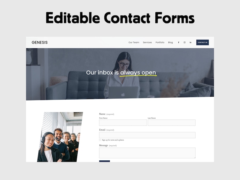 Pu&ograve; includere: Un modulo di contatto di un sito web con un titolo che recita "La nostra casella di posta &egrave; sempre aperta". Il modulo include campi per il nome, l'e-mail e il messaggio. Una foto di un team di assistenza clienti &egrave; visualizzata sul lato sinistro del modulo.