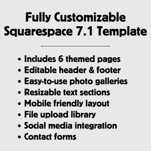 Pu&ograve; includere: Una grafica di testo in bianco e nero su sfondo grigio. Il testo recita "Modello Squarespace 7.1 completamente personalizzabile". La grafica elenca le funzionalit&agrave; del modello, tra cui 6 pagine a tema, intestazione e pi&egrave; di pagina modificabili, gallerie fotografiche facili da usare, sezioni di testo ridimensionabili, layout mobile-friendly, libreria di caricamento file, integrazione dei social media e moduli di contatto.