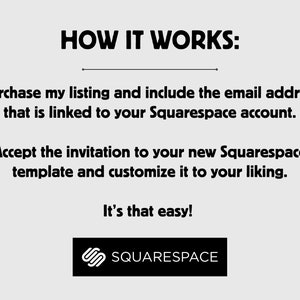 Pu&ograve; includere: Come funziona: Acquista il mio annuncio e includi l'indirizzo email collegato al tuo account Squarespace. Accetta l'invito per il tuo nuovo modello Squarespace e personalizzalo a tuo piacimento. &Egrave; cos&igrave; semplice! Logo Squarespace.