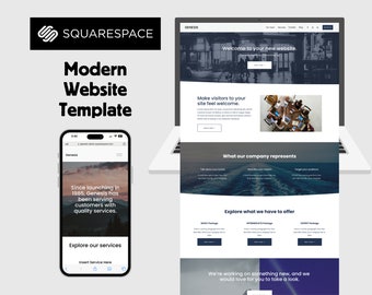 Könnte beinhalten: Eine Website-Vorlage für Squarespace, die ein modernes Design mit einem dunkelblauen Farbschema zeigt. Die Vorlage verfügt über ein großes Kopfbild, einen Call-to-Action-Button und einen Abschnitt, der die Dienstleistungen des Unternehmens hervorhebt. Der Text auf der Website lautet "Willkommen auf Ihrer neuen Website." und "Machen Sie Besucher auf Ihrer Website willkommen."